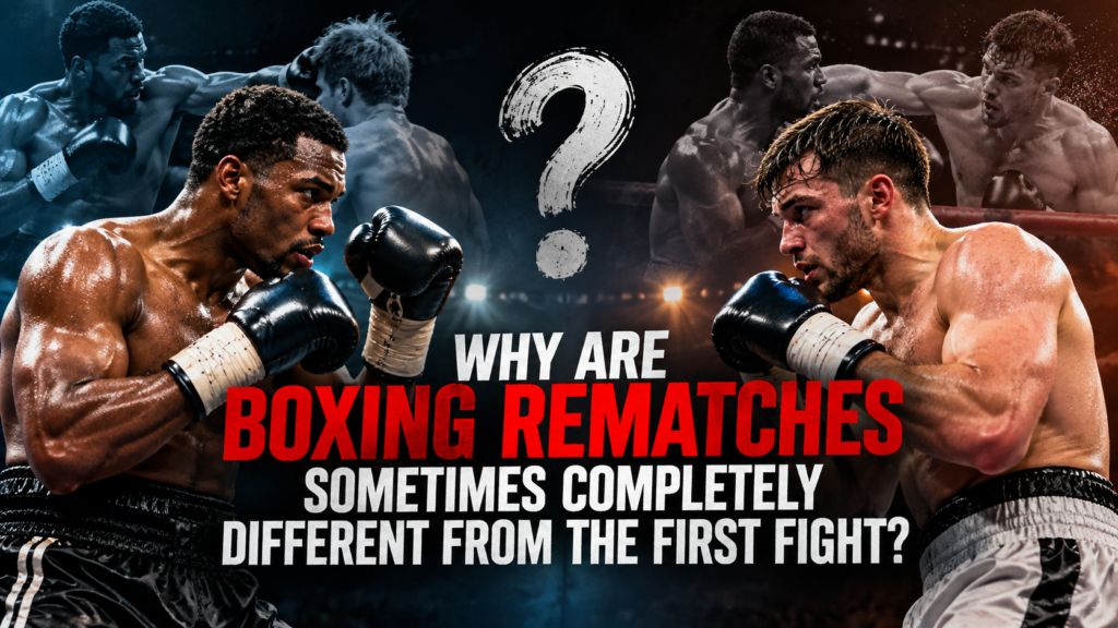 Two boxers face off in a dramatic boxing ring, illustrating why boxing rematches can produce completely different results from the first fight.