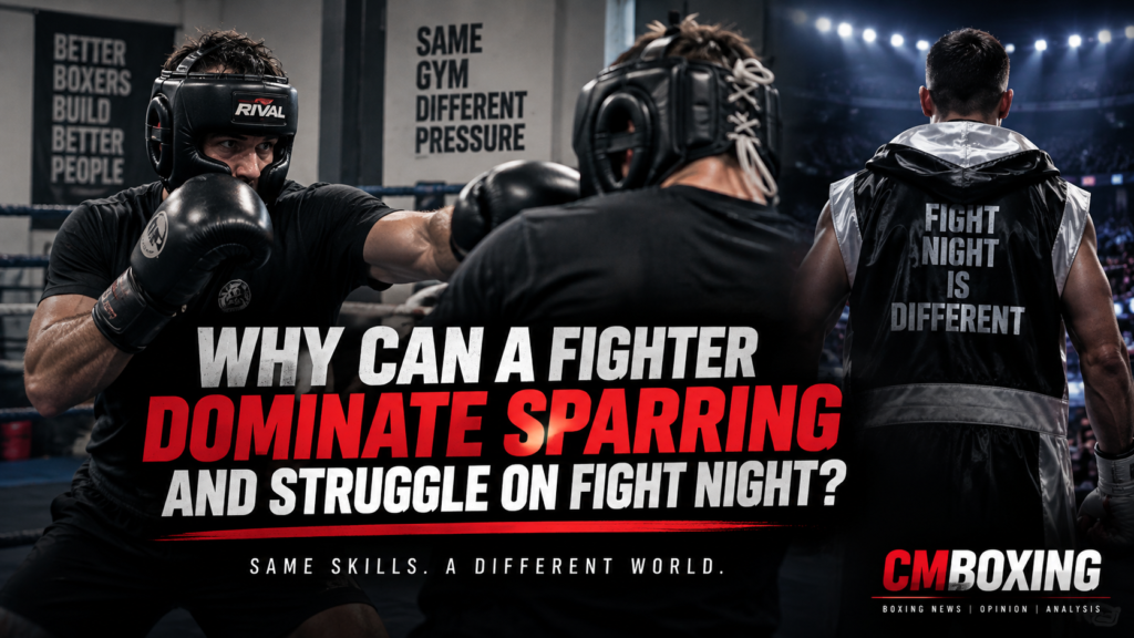 Boxing sparring in a gym contrasted with a professional boxer walking towards the ring on fight night.