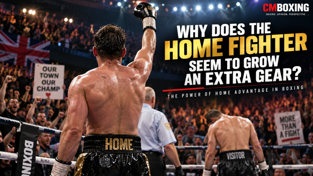 Home advantage boxing illustrated by a home fighter raising his glove as a packed arena crowd celebrates behind him.