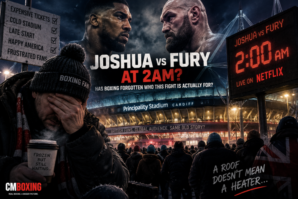 Anthony Joshua and Tyson Fury above the Principality Stadium in Cardiff as frustrated boxing fans wait in the cold for a possible 2am start.