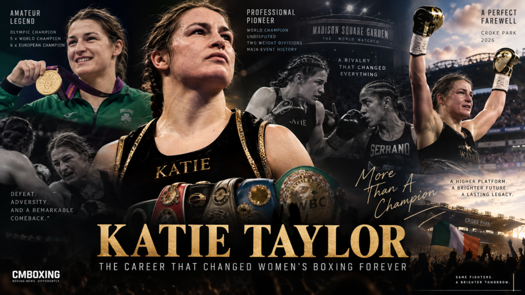 Katie Taylor career collage showing her rise from Olympic champion to undisputed world champion and women’s boxing icon