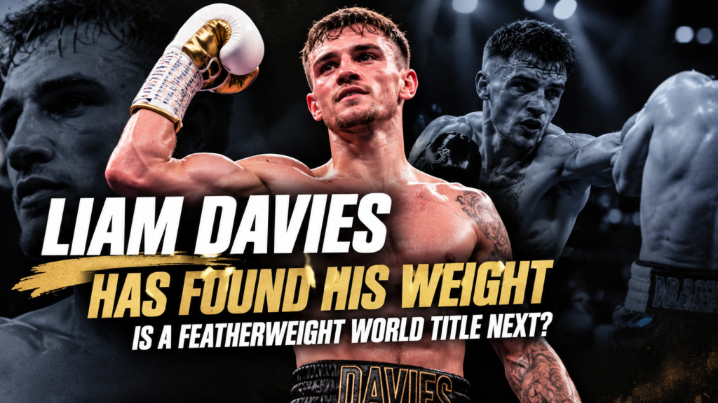 Liam Davies celebrates his featherweight success in a boxing graphic asking whether a world title opportunity could be next.