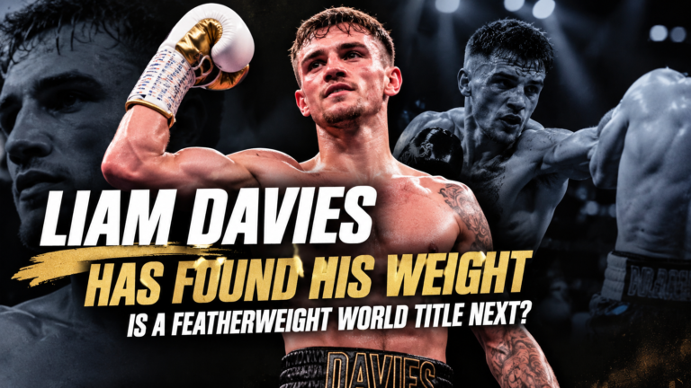 Liam Davies celebrates his featherweight success in a boxing graphic asking whether a world title opportunity could be next.