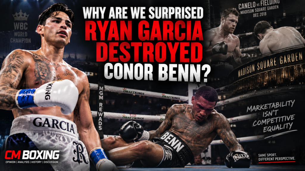 Ryan Garcia vs Conor Benn feature image showing Garcia standing victorious and Benn defeated, with Canelo vs Rocky Fielding at Madison Square Garden referenced in the background.