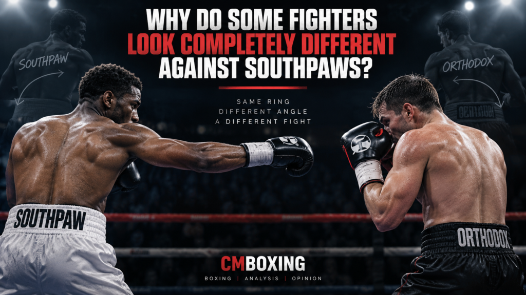 Southpaw boxing illustration showing an orthodox fighter facing a southpaw and the different angles created by opposing stances.