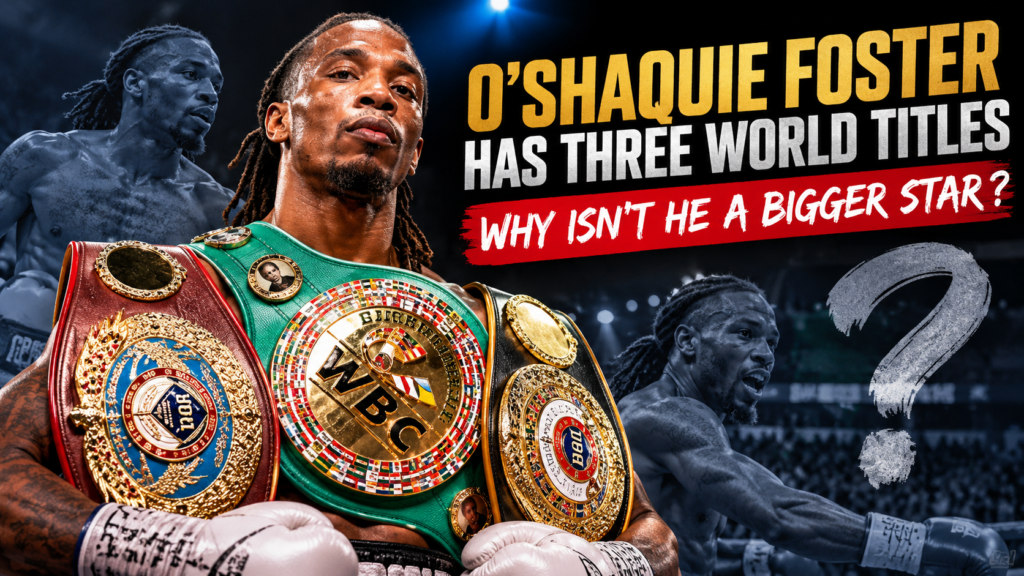 O'Shaquie Foster pictured with three super-featherweight world championship belts following his victory over Emanuel Navarrete, raising questions about his mainstream recognition
