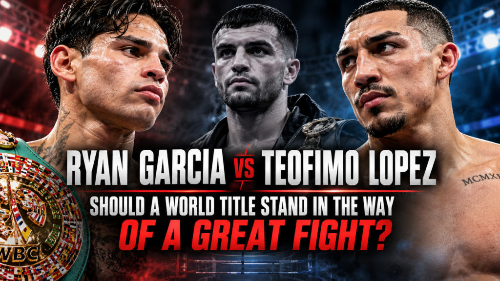 Ryan Garcia vs Teofimo Lopez boxing feature image with Jack Catterall and world championship belts, questioning whether titles should prevent great fights.