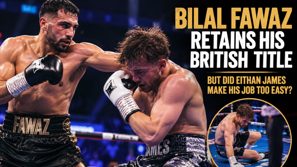 Bilal Fawaz pressures Eithan James during their British super-welterweight title fight in Birmingham.