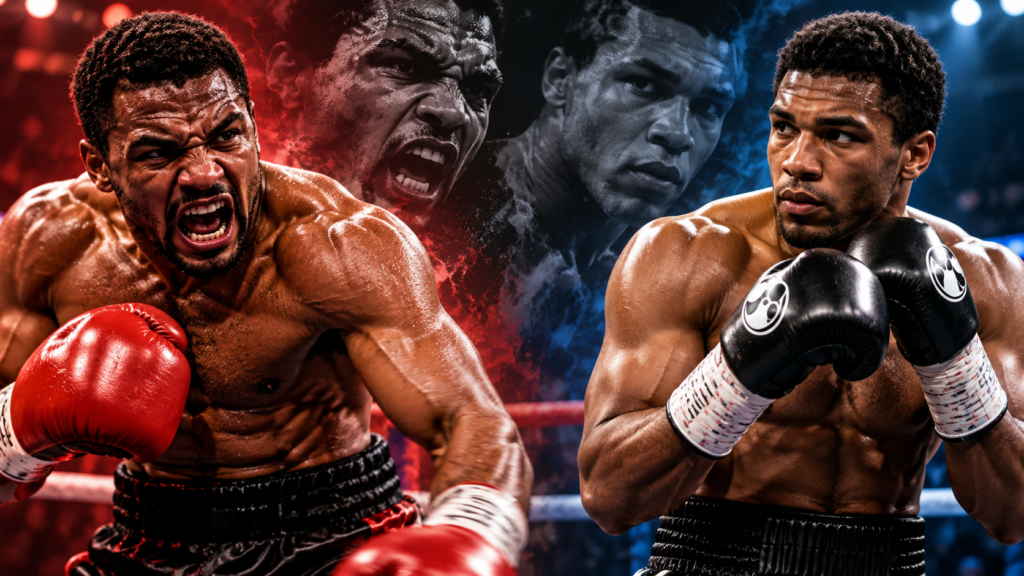 Two boxers contrast boxing anger and emotional control, with one fighter shouting aggressively in red and the other maintaining a composed defensive stance in blue.