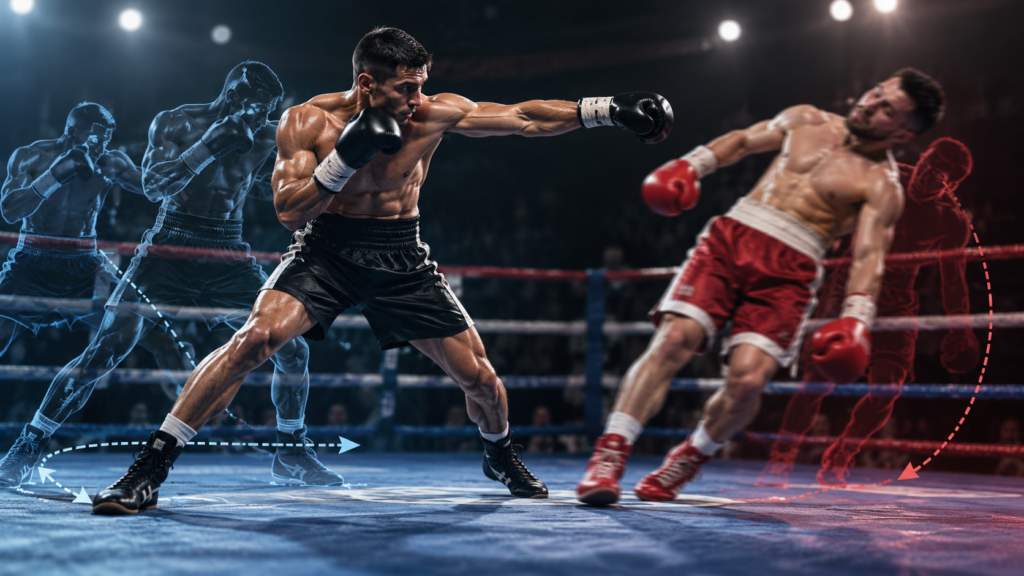 Boxing balance illustrated by one boxer maintaining a stable stance while his opponent loses balance during an exchange.