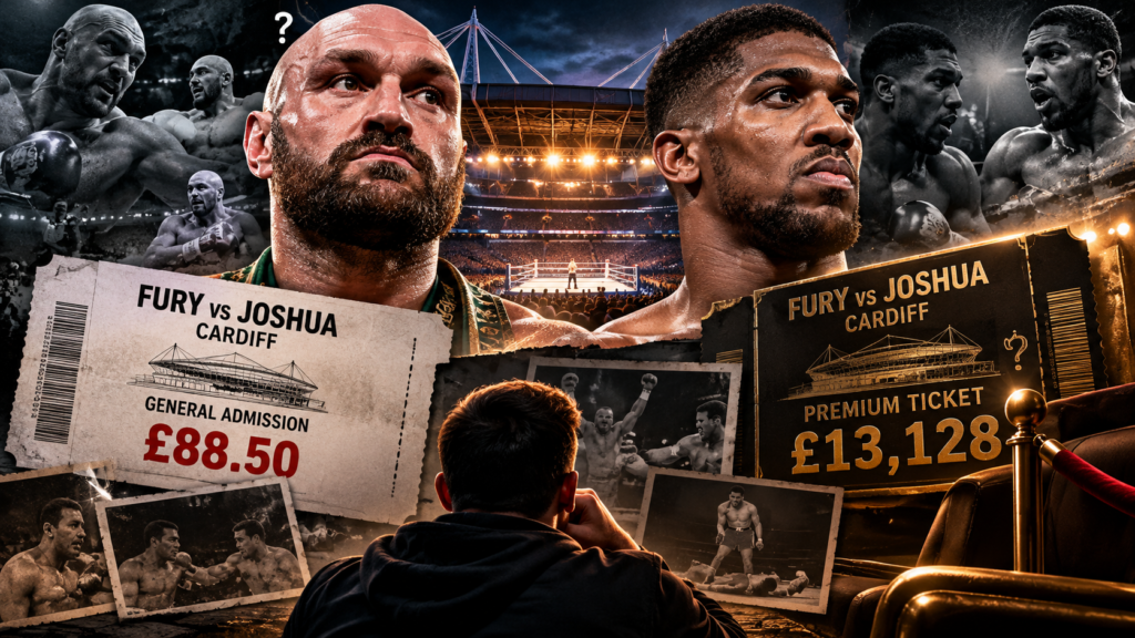 Tyson Fury and Anthony Joshua pictured alongside Cardiff boxing tickets priced from £88.50 to £13,128, highlighting boxing nostalgia and rising costs.