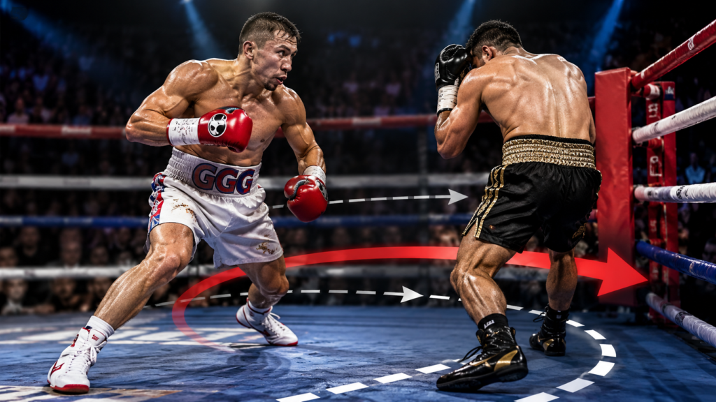 Boxer applying intelligent pressure to cut off an opponent's escape routes near the ropes, demonstrating cutting off the ring in boxing.