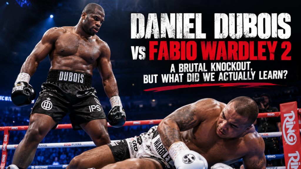 Daniel Dubois stands over Fabio Wardley following a knockout in an illustrated scene from their heavyweight world title rematch.