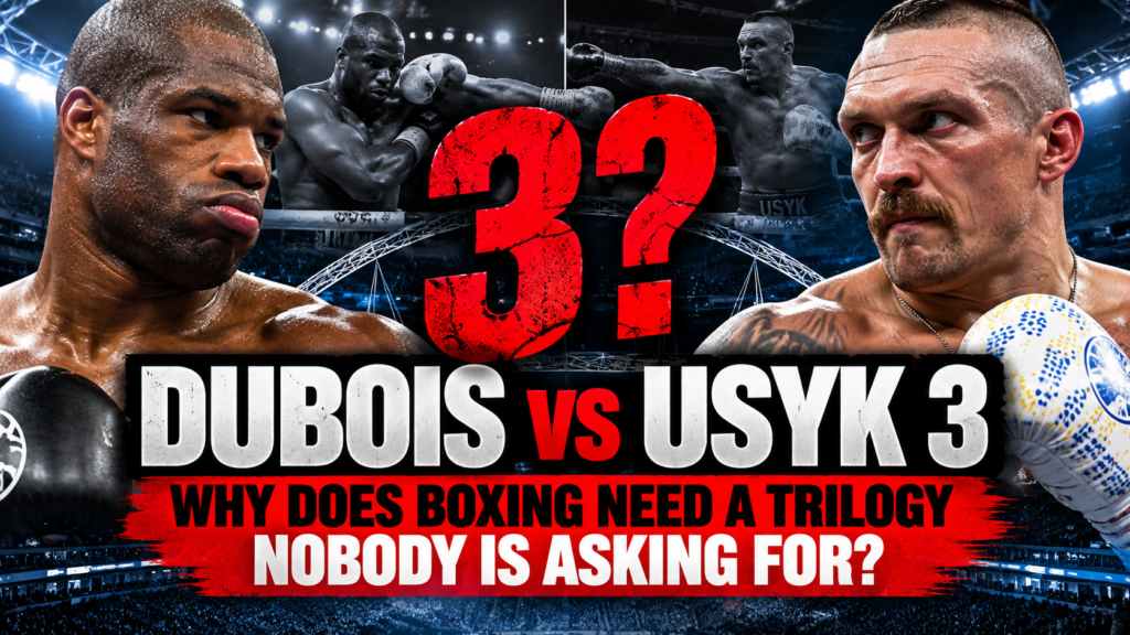 Daniel Dubois and Oleksandr Usyk face each other in a promotional graphic questioning the need for Dubois vs Usyk 3 after two stoppage defeats.