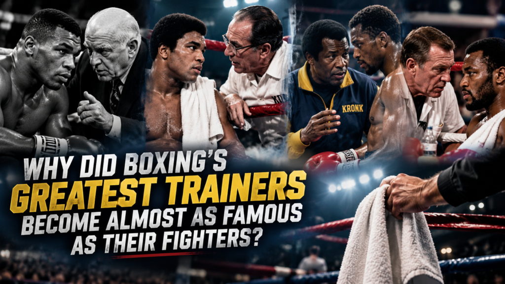 Famous boxing trainers Cus D'Amato, Angelo Dundee, Emanuel Steward and Eddie Futch pictured alongside legendary fighters Mike Tyson, Muhammad Ali and other boxing champions.