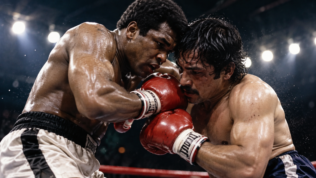 Two boxers exchanging short punches at close range, demonstrating the technique, positioning and intensity of inside fighting in boxing.