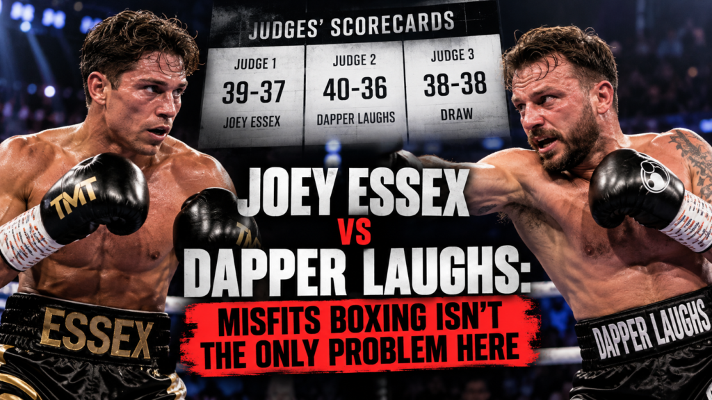 Joey Essex vs Dapper Laughs Misfits Boxing controversy, featuring both fighters, the judges' scorecards and the disputed split draw.