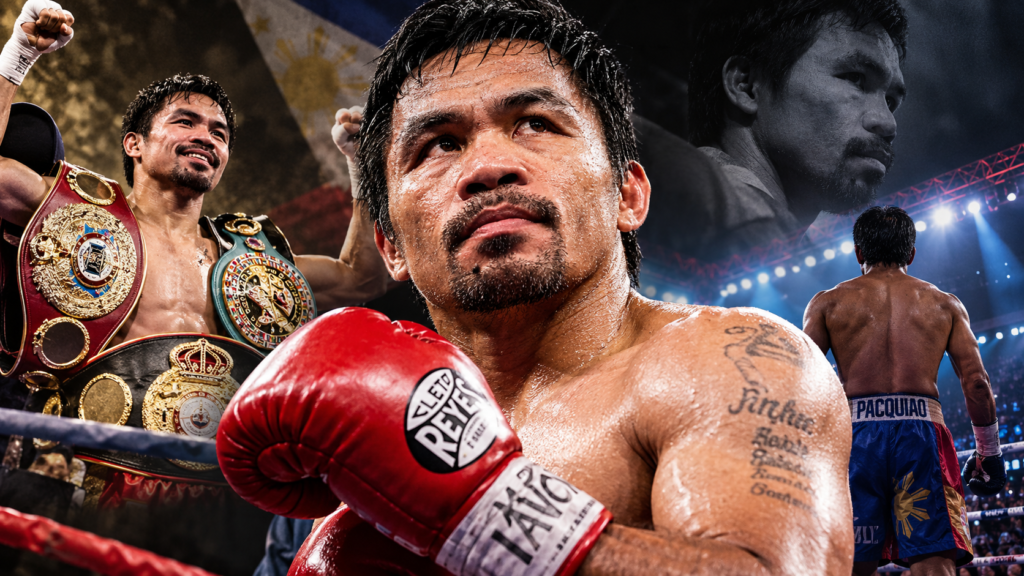 Manny Pacquiao pictured with championship belts and boxing gloves, reflecting on his legendary career and decision to continue fighting.
