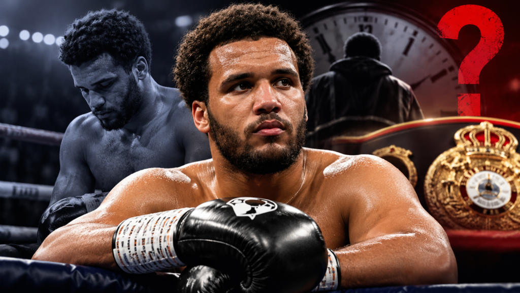 Moses Itauma contemplating another world heavyweight title shot, with a championship belt and question mark in the background.