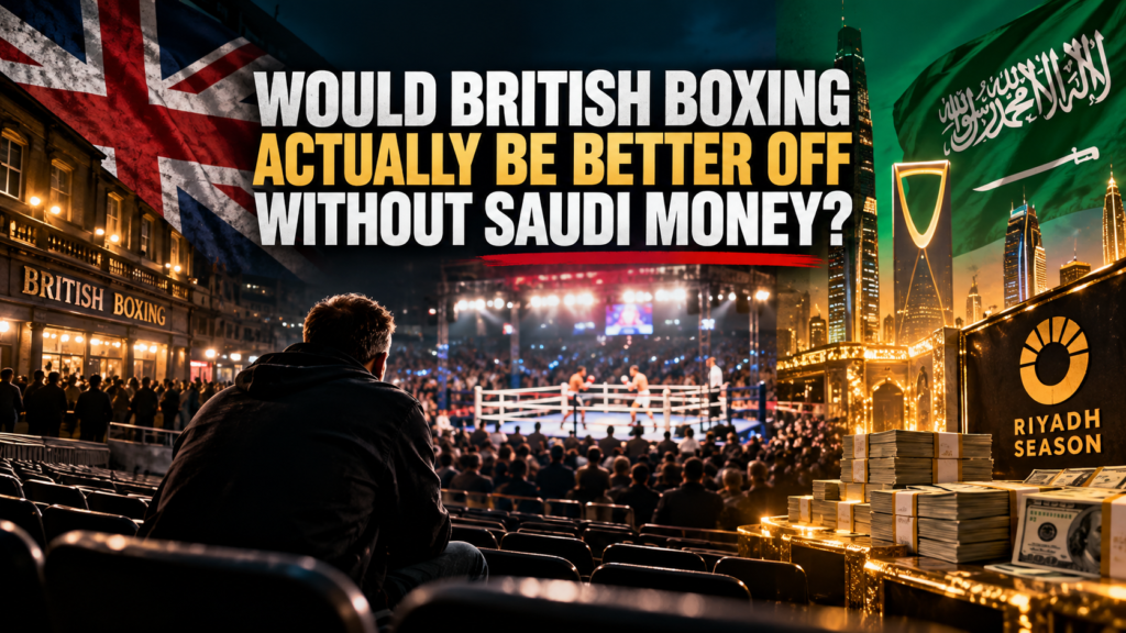 Saudi money in boxing illustrated by a British boxing arena contrasted with Riyadh's skyline, Saudi Arabian flag and stacks of cash.