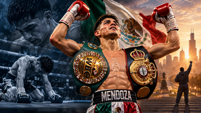 Rocky-inspired illustration of Sergio Mendoza celebrating his WBA and WBC flyweight world titles, with his knockout defeat in Japan depicted behind him.