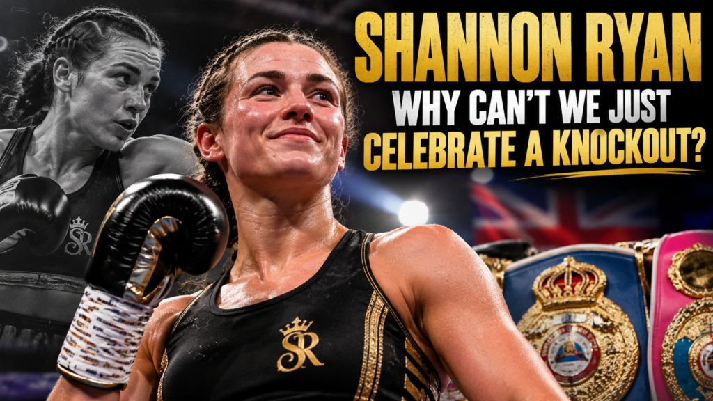 Illustrated boxing graphic featuring Shannon Ryan celebrating her knockout victory over Emma Dolan, with championship belts and the headline asking why boxing cannot simply celebrate a knockout.