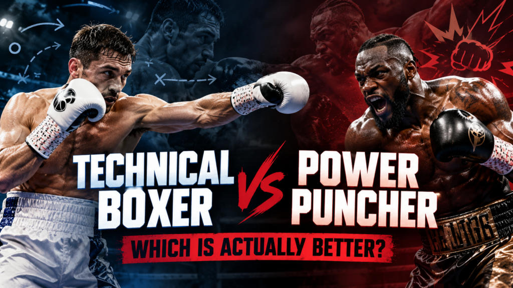 Technical boxer vs power puncher facing off, representing the debate over whether boxing technique or knockout power is the greater advantage.