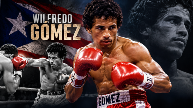Wilfredo Gómez boxing tribute featuring the Puerto Rican legend wearing red gloves, with action shots and the Puerto Rican flag.